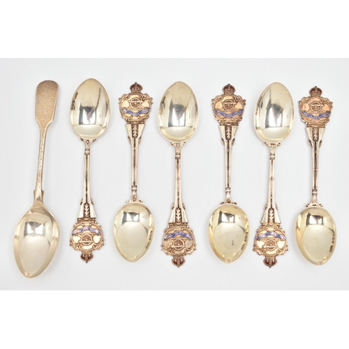 185 - A SELECTION OF SILVER TEASPOONS, to include a set of six Bombay Volunteer Artillery teaspoons with c... 