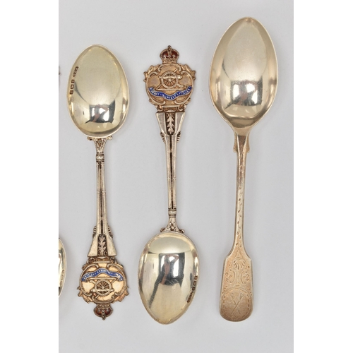 185 - A SELECTION OF SILVER TEASPOONS, to include a set of six Bombay Volunteer Artillery teaspoons with c... 