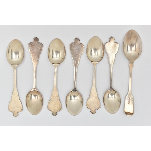 185 - A SELECTION OF SILVER TEASPOONS, to include a set of six Bombay Volunteer Artillery teaspoons with c... 