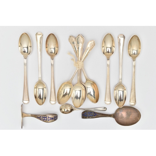 187 - A SELECTION OF SILVER FLATWARE, to include a set of six Mappin & Webb coffee spoons, hallmark for Sh... 