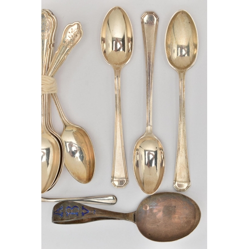 187 - A SELECTION OF SILVER FLATWARE, to include a set of six Mappin & Webb coffee spoons, hallmark for Sh... 