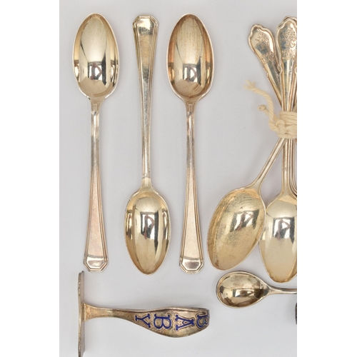 187 - A SELECTION OF SILVER FLATWARE, to include a set of six Mappin & Webb coffee spoons, hallmark for Sh... 