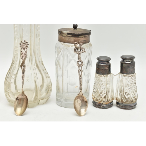 189 - A SELECTION OF SILVER TOPPED GLASS ITEMS, to include a novelty salt and pepper shaker, designed as c... 