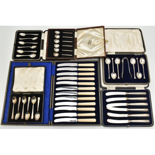 190 - SIX CASED SETS OF CUTLERY, to include two cased sets of silver teaspoons, a cased set of six silver ... 