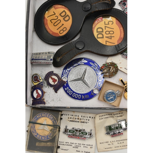 191 - ASSORTED TRANSPORT PINS AND BADGES, to include buses, railway, haulage and RAC, together with two dr... 