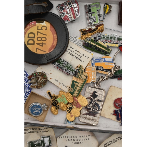 191 - ASSORTED TRANSPORT PINS AND BADGES, to include buses, railway, haulage and RAC, together with two dr... 