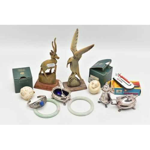 192 - A SELECTION OF MISCELLANEOUS ITEMS, to include an EPNS cruet set, a torque bangle set with an oval l... 