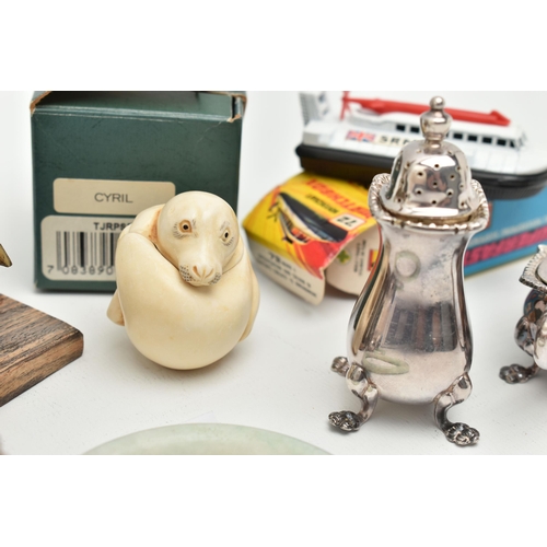 192 - A SELECTION OF MISCELLANEOUS ITEMS, to include an EPNS cruet set, a torque bangle set with an oval l... 