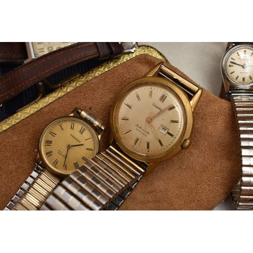 193 - SIX WATCHES AND A JEWELLERY BOX, to include two Tissot watches, a ladies manual wind, circular watch... 