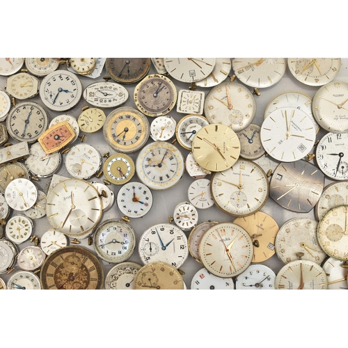 195 - A BOX OF ASSORTED WATCH MOVEMENTS AND DIALS, a large selection of movements and dials, names to incl... 