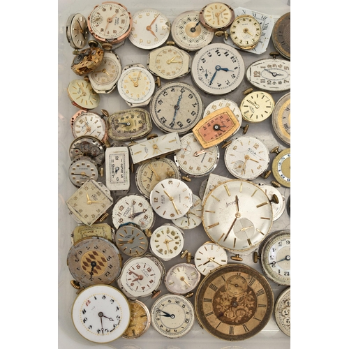 195 - A BOX OF ASSORTED WATCH MOVEMENTS AND DIALS, a large selection of movements and dials, names to incl... 