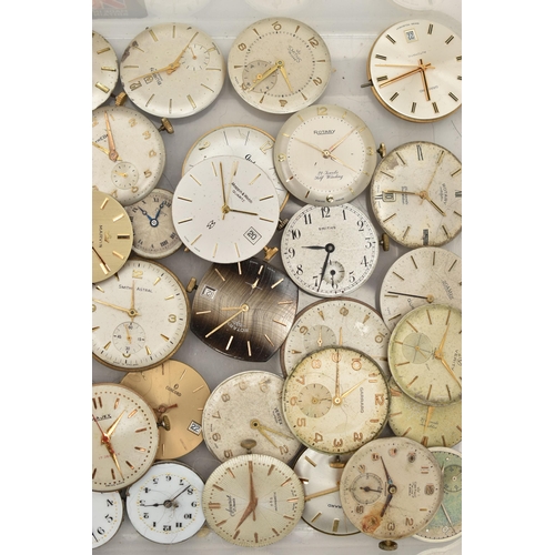 195 - A BOX OF ASSORTED WATCH MOVEMENTS AND DIALS, a large selection of movements and dials, names to incl... 