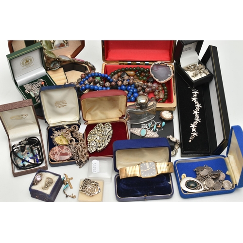 197 - ASSORTED SILVER AND COSTUME JEWELLERY, to include a white metal quartz cabochon ring, stamped 925, a... 