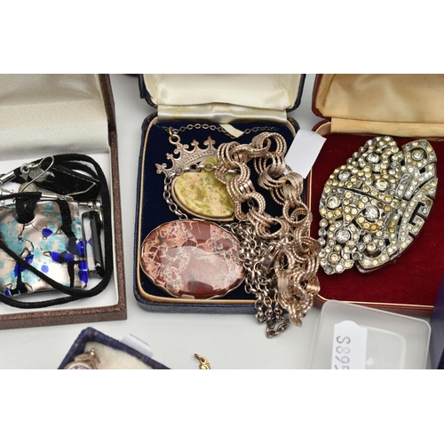 197 - ASSORTED SILVER AND COSTUME JEWELLERY, to include a white metal quartz cabochon ring, stamped 925, a... 