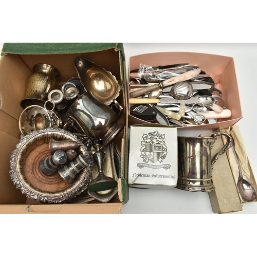 200 - A BOX OF ASSORTED WHITE METAL WARE, to include a pair of wooden base coasters, salt and pepper shake... 