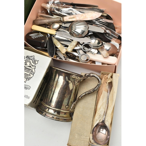 200 - A BOX OF ASSORTED WHITE METAL WARE, to include a pair of wooden base coasters, salt and pepper shake... 