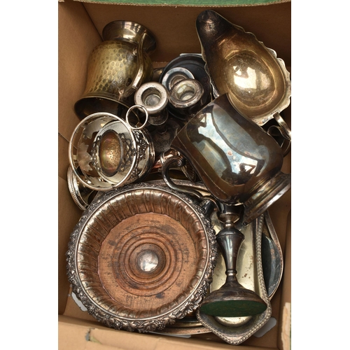 200 - A BOX OF ASSORTED WHITE METAL WARE, to include a pair of wooden base coasters, salt and pepper shake... 