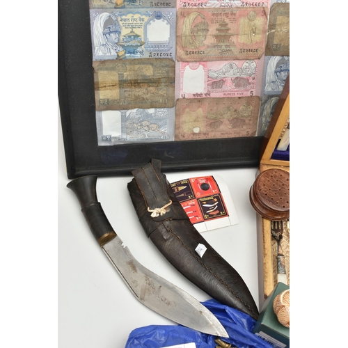 202 - A BOX OF MISCELLANEOUS ITEMS, to include a kukri knife, with leather sheath and smaller knife, toget... 