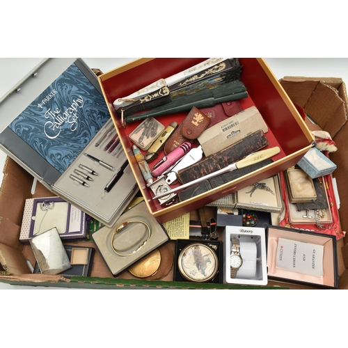 204 - A BOX OF ASSORTED COSTUME JEWELLERY, to include costume brooches, imitation pearl necklaces, compact... 