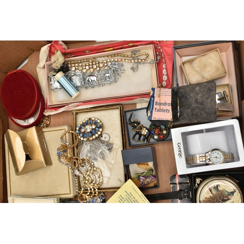 204 - A BOX OF ASSORTED COSTUME JEWELLERY, to include costume brooches, imitation pearl necklaces, compact... 