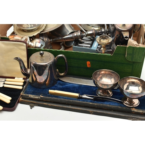 207 - A BOX OF ASSORTED WHITE METAL, to include a four piece tea set, a three branch candelabra, tea pot, ... 