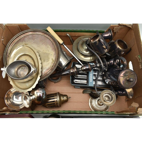 207 - A BOX OF ASSORTED WHITE METAL, to include a four piece tea set, a three branch candelabra, tea pot, ... 