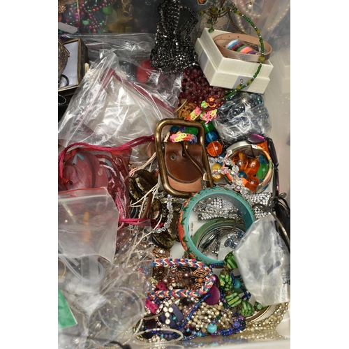 208 - A BOX OF ASSORTED COSTUME JEWELLERY AND ITEMS, to include beaded necklaces, earrings, rings, bracele... 