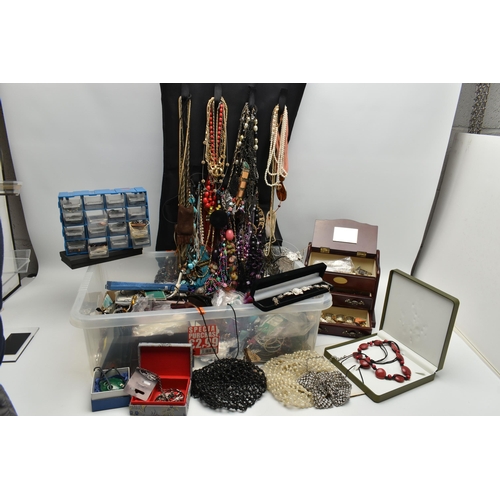 208 - A BOX OF ASSORTED COSTUME JEWELLERY AND ITEMS, to include beaded necklaces, earrings, rings, bracele... 