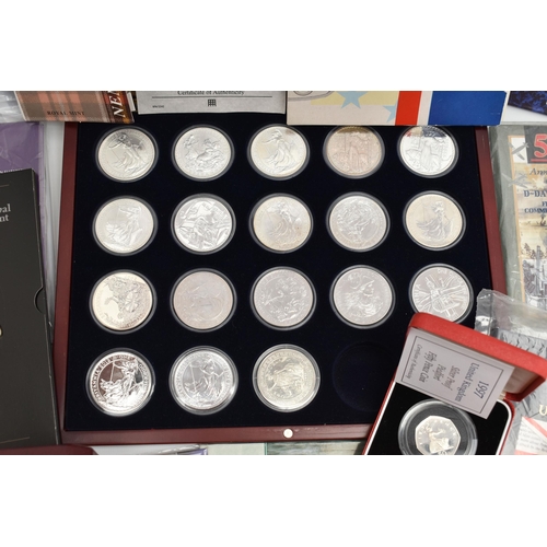 212 - A RED BOX OF ROYAL MINT SILVER AND SILVER PROOF COINS TO INCLUDE 17 BRITANNIA COINS (Some with Marks... 