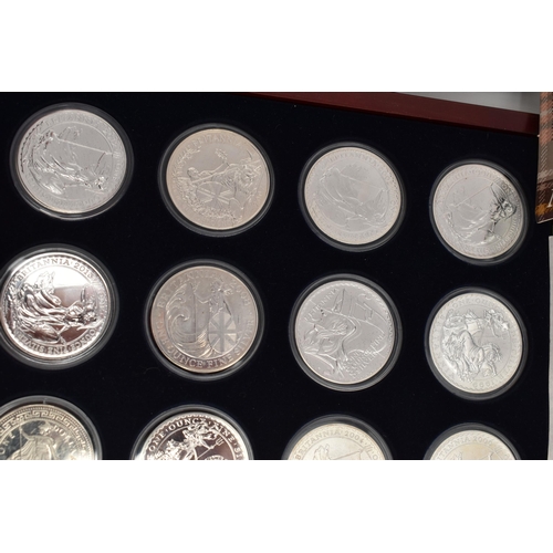 212 - A RED BOX OF ROYAL MINT SILVER AND SILVER PROOF COINS TO INCLUDE 17 BRITANNIA COINS (Some with Marks... 