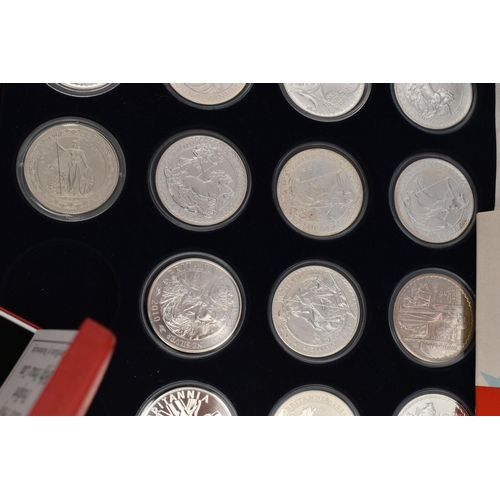 212 - A RED BOX OF ROYAL MINT SILVER AND SILVER PROOF COINS TO INCLUDE 17 BRITANNIA COINS (Some with Marks... 