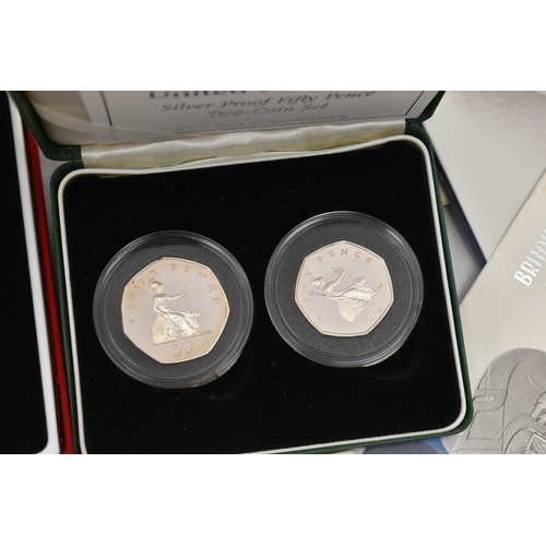 212 - A RED BOX OF ROYAL MINT SILVER AND SILVER PROOF COINS TO INCLUDE 17 BRITANNIA COINS (Some with Marks... 