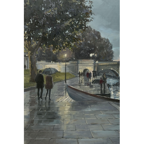 319 - CHARLES ROWBOTHAM (BRITISH CONTEMPORARY) 'TWILIGHT AT RICHMOND BRIDGE', figures walking beside the R... 