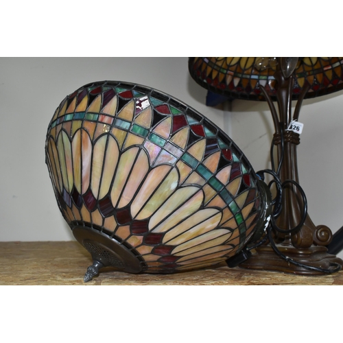 326 - A LARGE TIFFANY STYLE LEADED GLASS TABLE LAMP AND  SHADE, comprising matching multicoloured leaded g... 