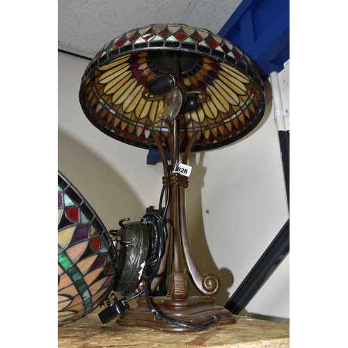 326 - A LARGE TIFFANY STYLE LEADED GLASS TABLE LAMP AND  SHADE, comprising matching multicoloured leaded g... 