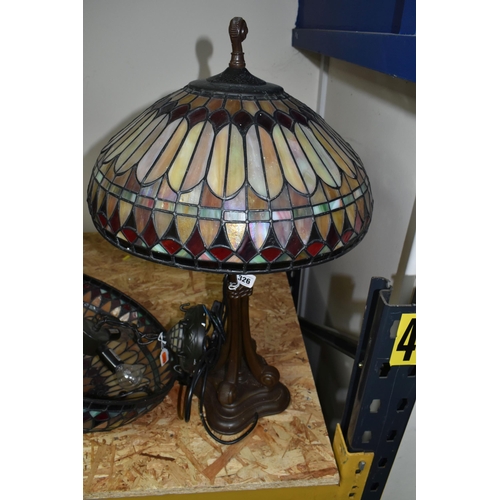 326 - A LARGE TIFFANY STYLE LEADED GLASS TABLE LAMP AND  SHADE, comprising matching multicoloured leaded g... 