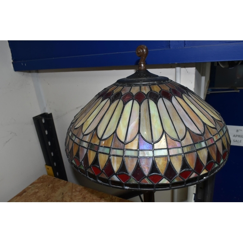 326 - A LARGE TIFFANY STYLE LEADED GLASS TABLE LAMP AND  SHADE, comprising matching multicoloured leaded g... 