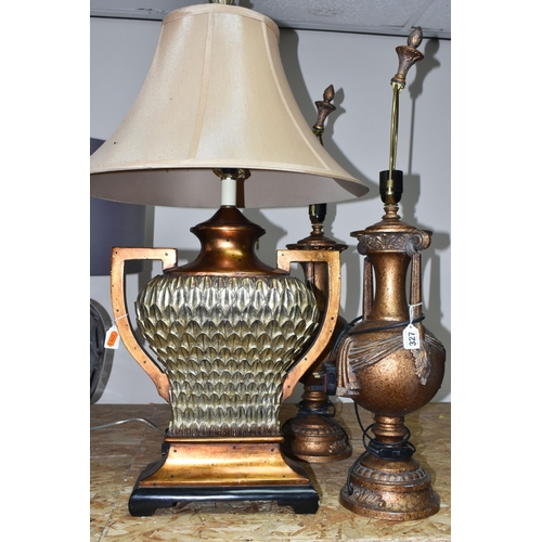 327 - THREE BRONZED TABLE LAMPS, comprising a pair of bronzed urn style lamps missing shades, height 80cm ... 