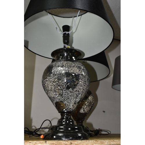 329 - A PAIR OF LARGE CONTEMPORARY TABLE LAMPS, comprising crackled mirror glass bases and large silk effe... 