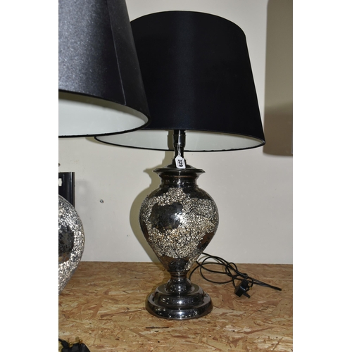 329 - A PAIR OF LARGE CONTEMPORARY TABLE LAMPS, comprising crackled mirror glass bases and large silk effe... 