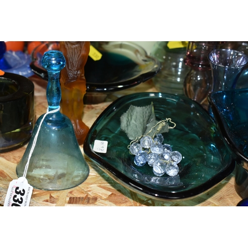 330 - A LARGE QUANTITY OF COLOURED AND STUDIO GLASS, comprising a Mary Gregory blue glass beaker, mid- cen... 