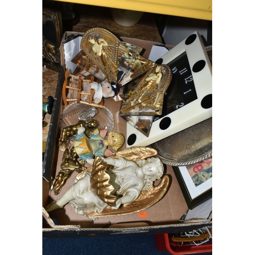 334 - ONE BOX OF ORNAMENTS, to include two Art Deco style wall mirrors, a Marcus Designs moulded plaster w... 