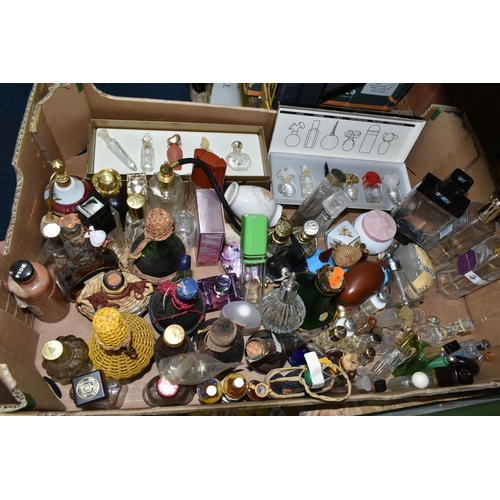 336 - ONE BOX OF FRAGRANCES AND EMPTY PERFUME BOTTLES, to include a collection of vintage perfume glass an... 