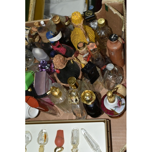 336 - ONE BOX OF FRAGRANCES AND EMPTY PERFUME BOTTLES, to include a collection of vintage perfume glass an... 