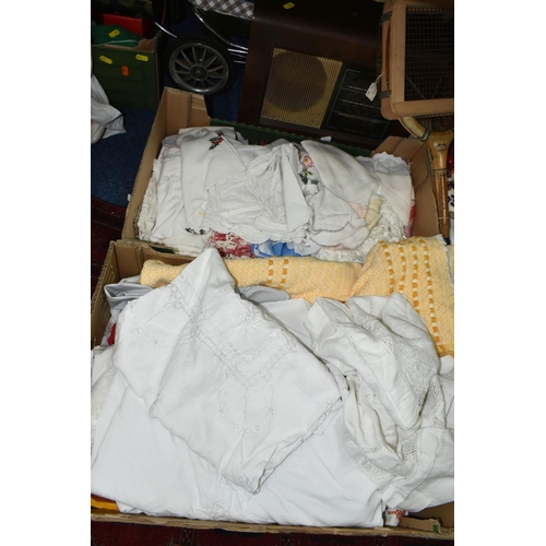 338 - TWO BOXES AND LOOSE TABLE LINEN,TEXTILES AND SUNDRIES, to include a doll's mid-century twin pram, tw... 