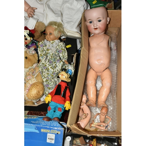 339 - THREE BOXES OF VINTAGE TOYS, DOLLS AND GAMES, to include a porcelain doll with composite body, arms ... 