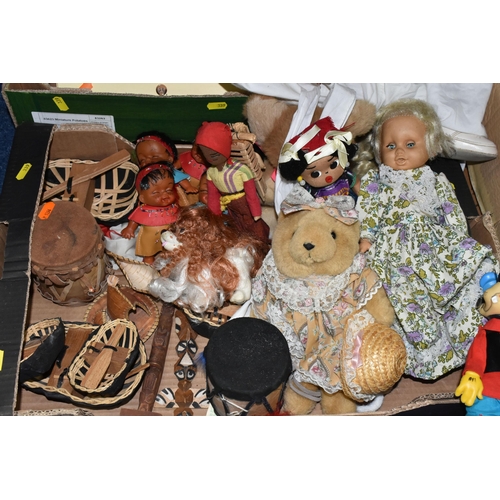 339 - THREE BOXES OF VINTAGE TOYS, DOLLS AND GAMES, to include a porcelain doll with composite body, arms ... 