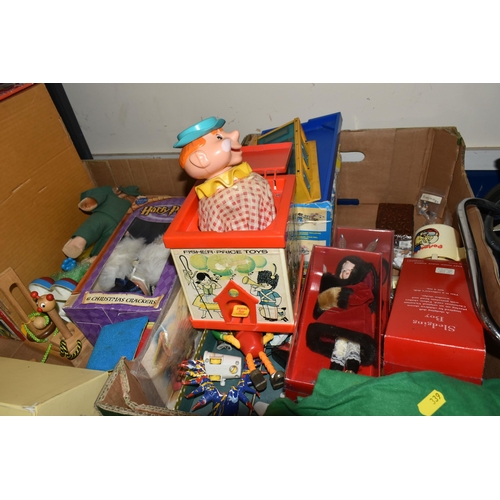 339 - THREE BOXES OF VINTAGE TOYS, DOLLS AND GAMES, to include a porcelain doll with composite body, arms ... 