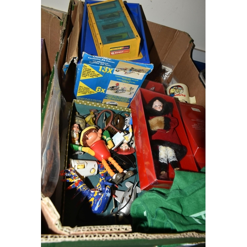 339 - THREE BOXES OF VINTAGE TOYS, DOLLS AND GAMES, to include a porcelain doll with composite body, arms ... 