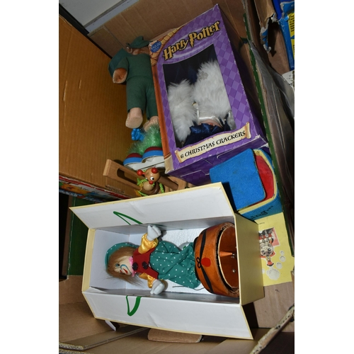 339 - THREE BOXES OF VINTAGE TOYS, DOLLS AND GAMES, to include a porcelain doll with composite body, arms ... 